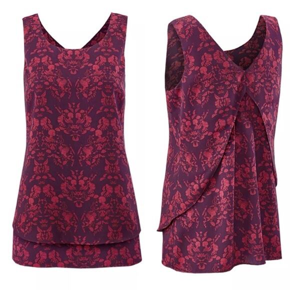 Cabi 3258 Purple Plum Maroon Red Sakura Cameo Print Layered Tank Feminine Large - Picture 2 of 14